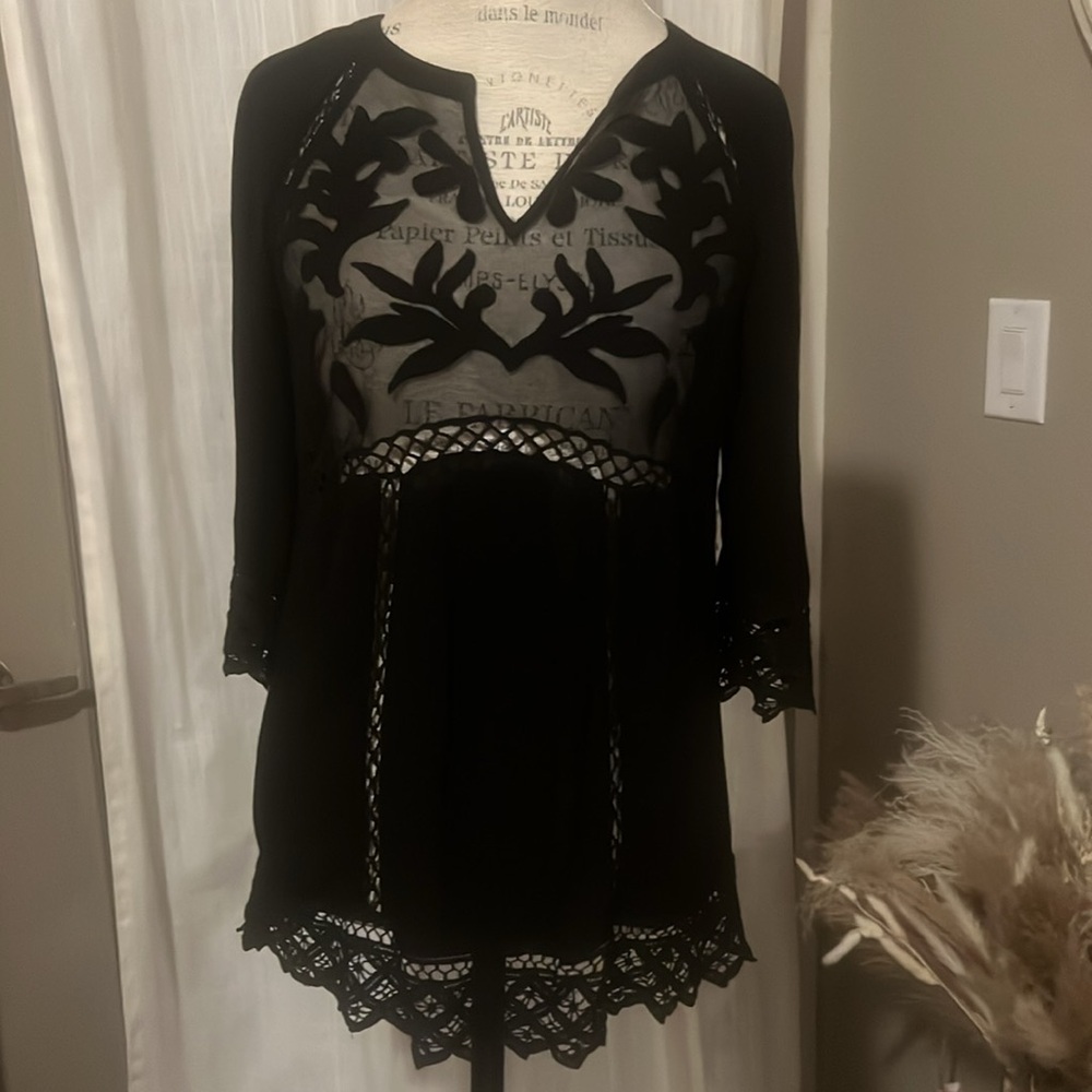 Pale Sky black lace & sheer floral blouse 3/4 length sleeve womens dress shirt S - Picture 2 of 10